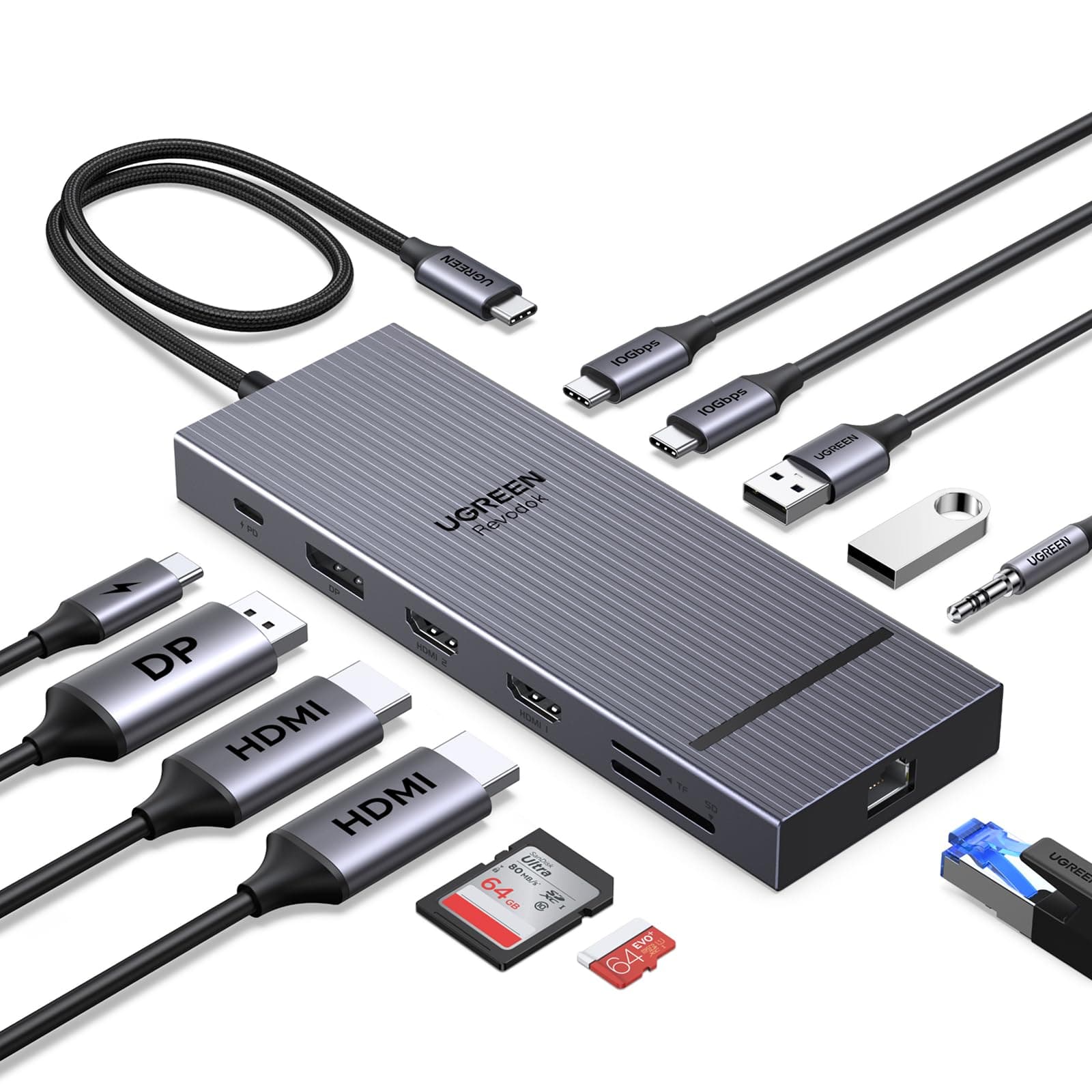UGREEN Revodok Pro Triple Display Dock - 2×HDMI 4K@60Hz, DisplayPort 4K@120Hz, 10Gbps USB-C, USB-A, SD/TF, LAN, Audio, 100W PD