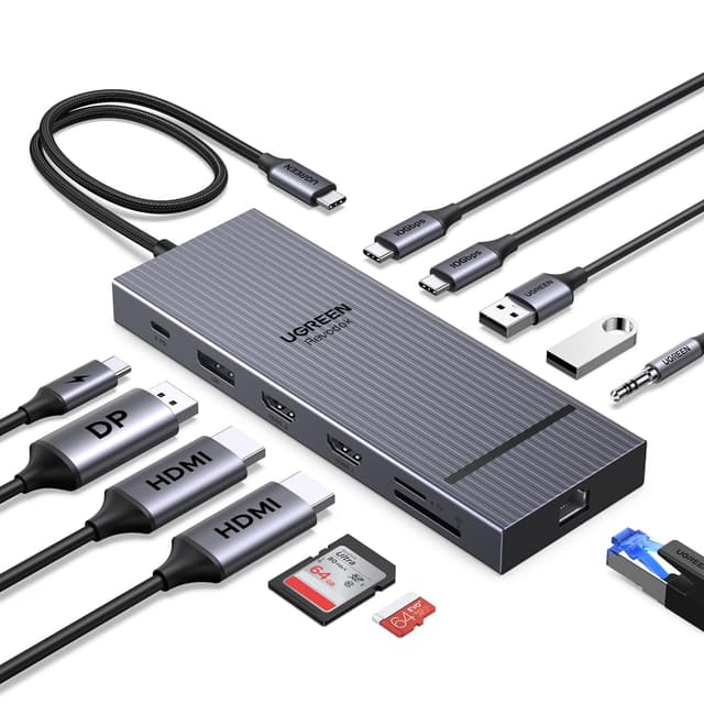 UGREEN Revodok Pro Triple Display Dock - 2×HDMI 4K@60Hz, DisplayPort 4K@120Hz, 10Gbps USB-C, USB-A, SD/TF, LAN, Audio, 100W PD