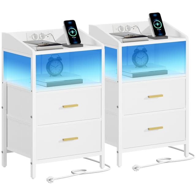 🌟 Reduziert! Hzuaneri Nachttisch 2er Set mit LED-Leuchten und Ladestation - Weiß NS36213W 2er Set 🌙