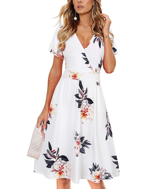 VOTEPRETTY Damen Sommerkleid Kurzarm V-Ausschnitt Wickelkleid Knielang Kleid mit Taschen L Floral03 🌸👗