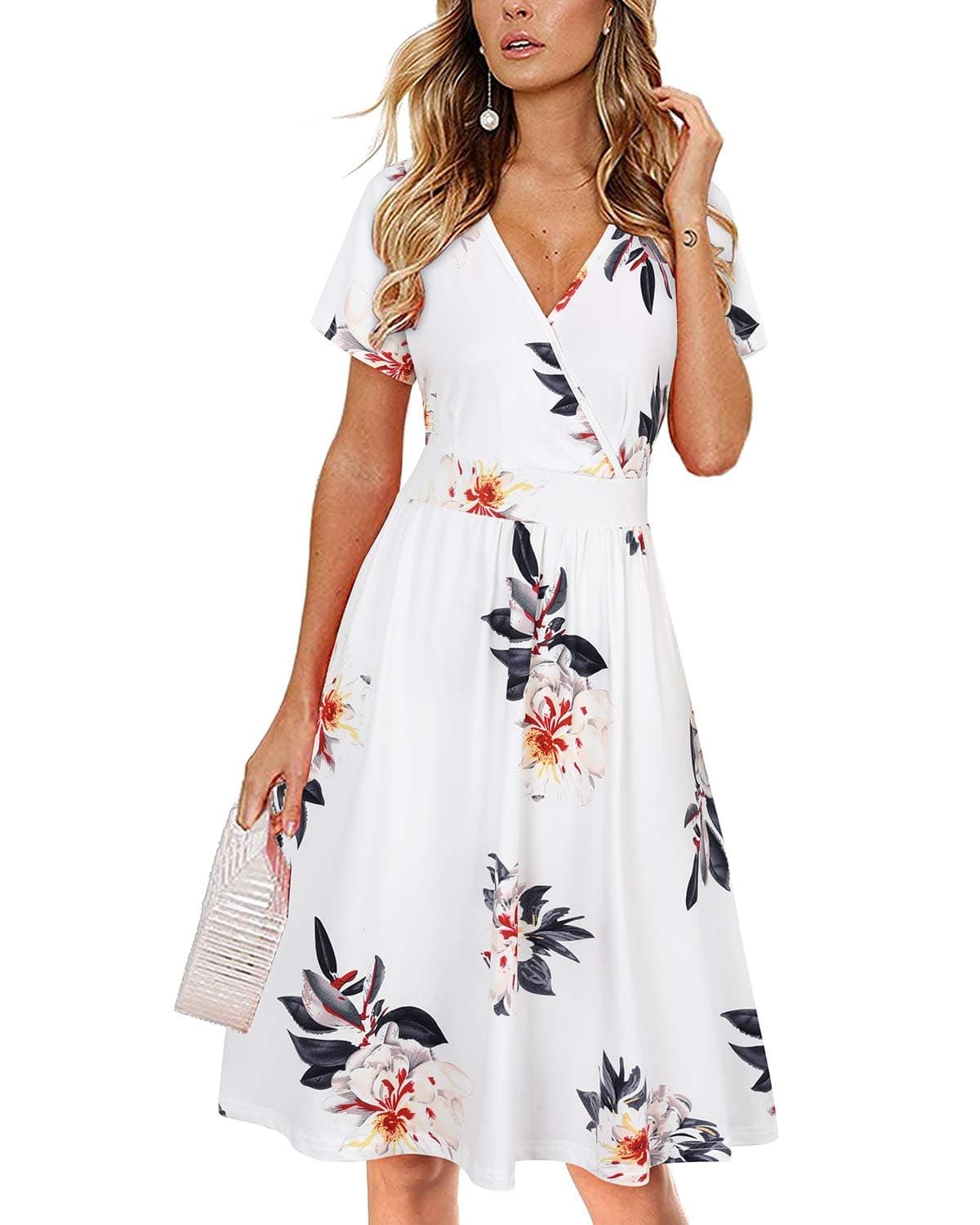 🌸 VOTEPRETTY Damen Sommerkleid 🌺 Kurzarm V-Ausschnitt Wickelkleid Knielang Kleid mit Taschen XL Floral03 🌼