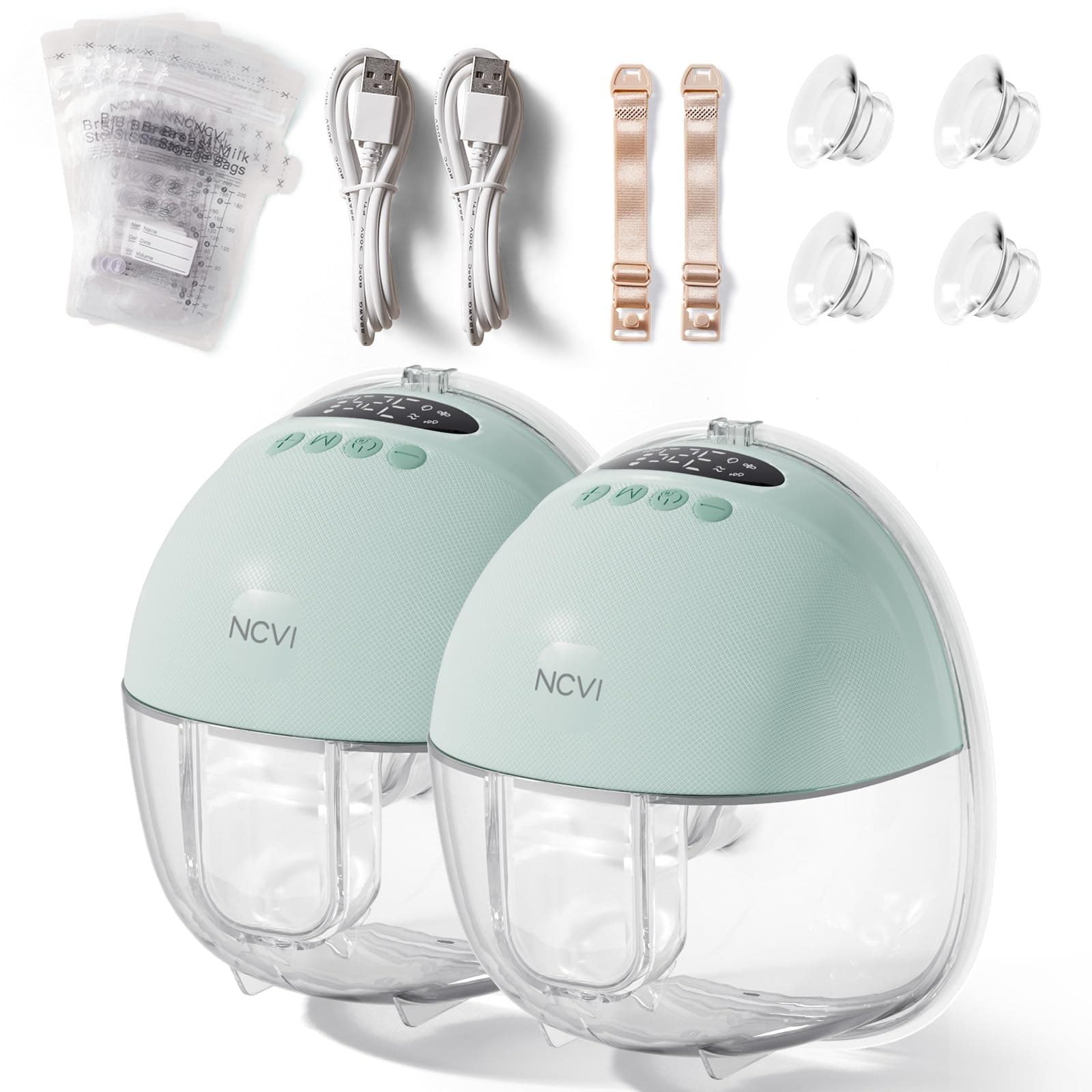 🤱 NCVI Elektrische Milchpumpe Tragbar Freihändig | 4 Modi 9 Stufen, 19/21/24 mm Flansch, Superleise mit LED-Display, 10 Muttermilchbeutel, 150 Min. Laufzeit (2Packs, Grün) Grün 2 PC 🌟