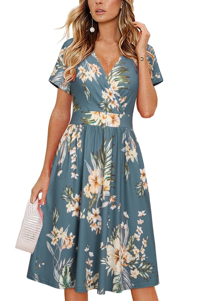 VOTEPRETTY Damen Sommerkleid 🌺 Kurzarm V-Ausschnitt Wickelkleid Knielang Kleid mit Taschen M Floral32