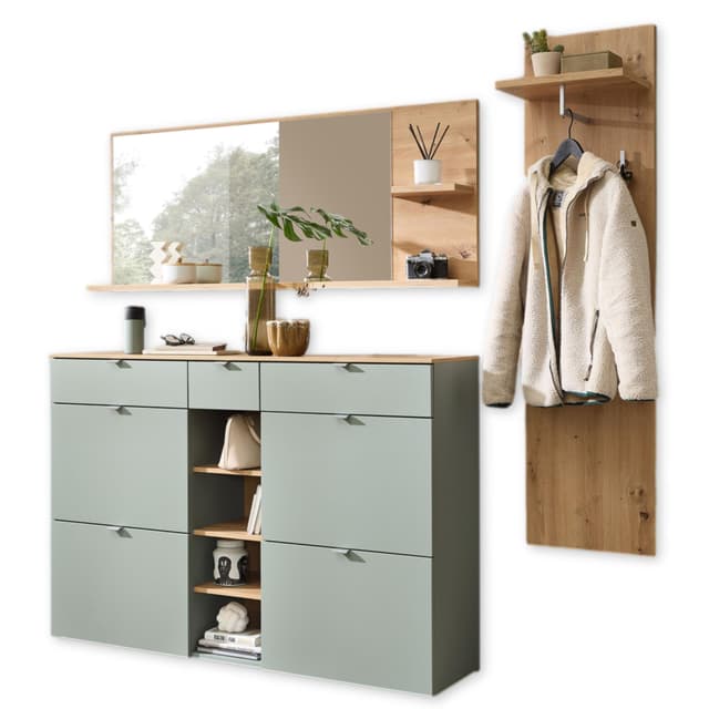 🌿🪵 BARI Flurgarderoben Set in Schilfgrün, Artisan Eiche Optik FSC-zertifiziert - Modernes Garderobenset 3-teilig 🪵🌿