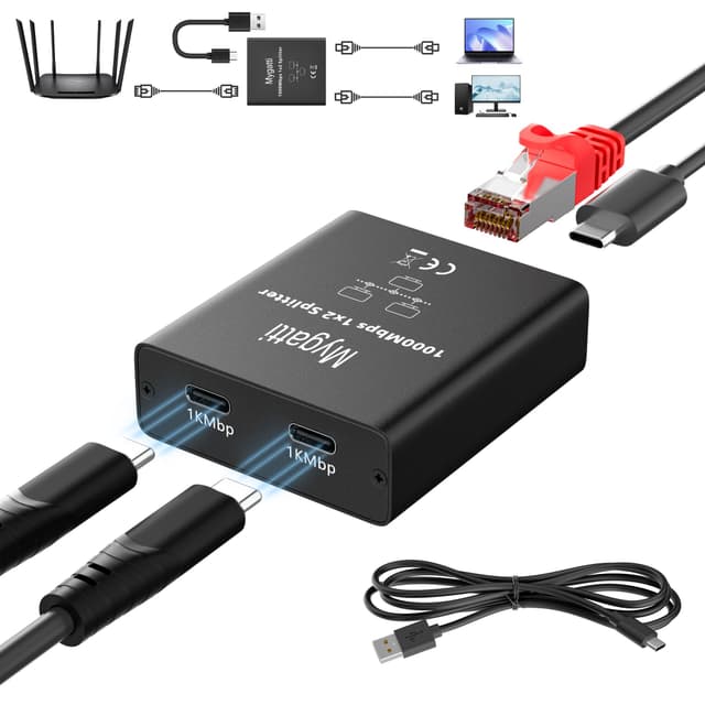 Mygatti LAN-Splitter 1 auf 2 (RJ45-in, 2 Typ-C Out) Gigabit Ethernet Splitter 1000 Mbit/s