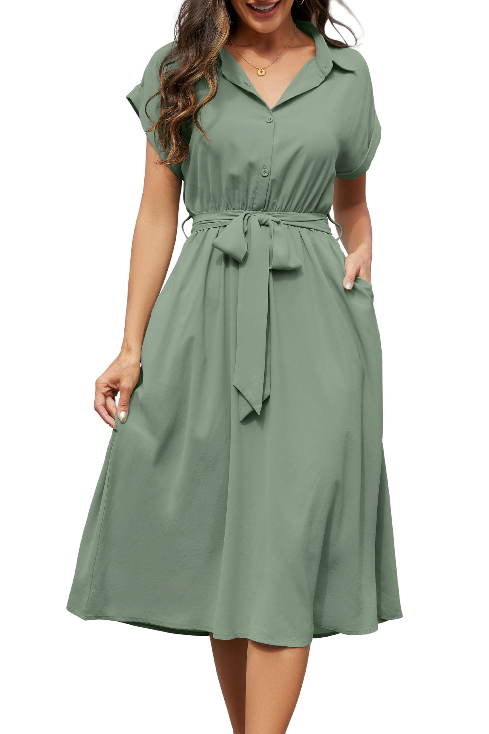 Cassiecy Sommerkleid Damen Knielang Kurzarm Blusenkleid Elegant V-Ausschnitt Midikleid Casual Wickelkleid Strandkleid mit Taschen S Grün 👗🌞