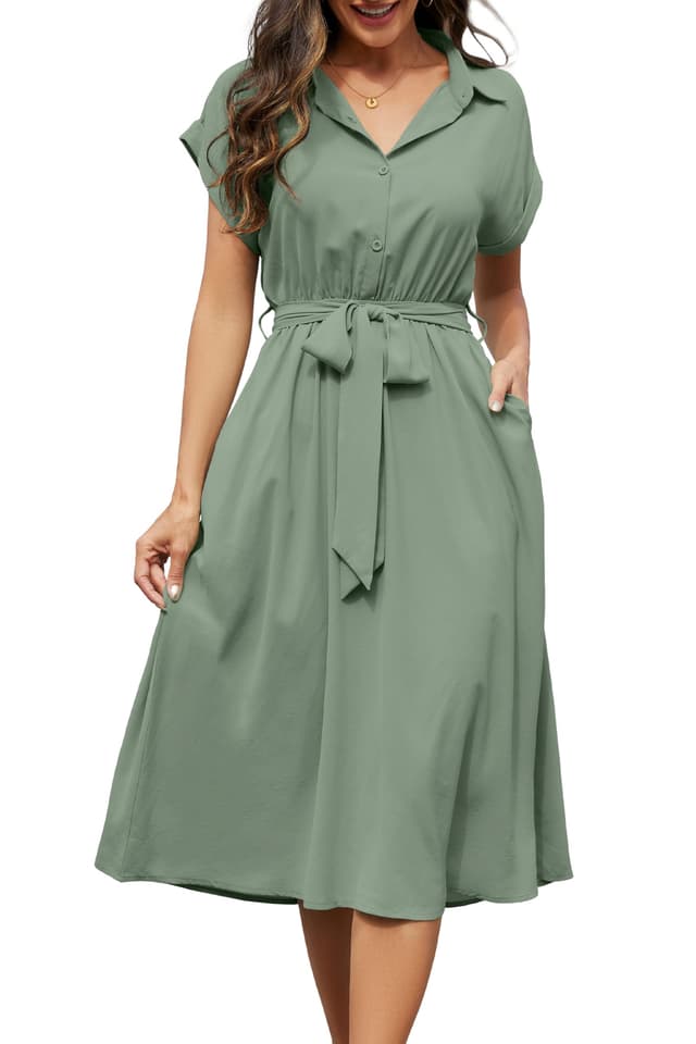 Cassiecy Sommerkleid Damen Knielang Kurzarm Blusenkleid Elegant V-Ausschnitt Midikleid Casual Wickelkleid Strandkleid mit Taschen S Grün 👗🌞