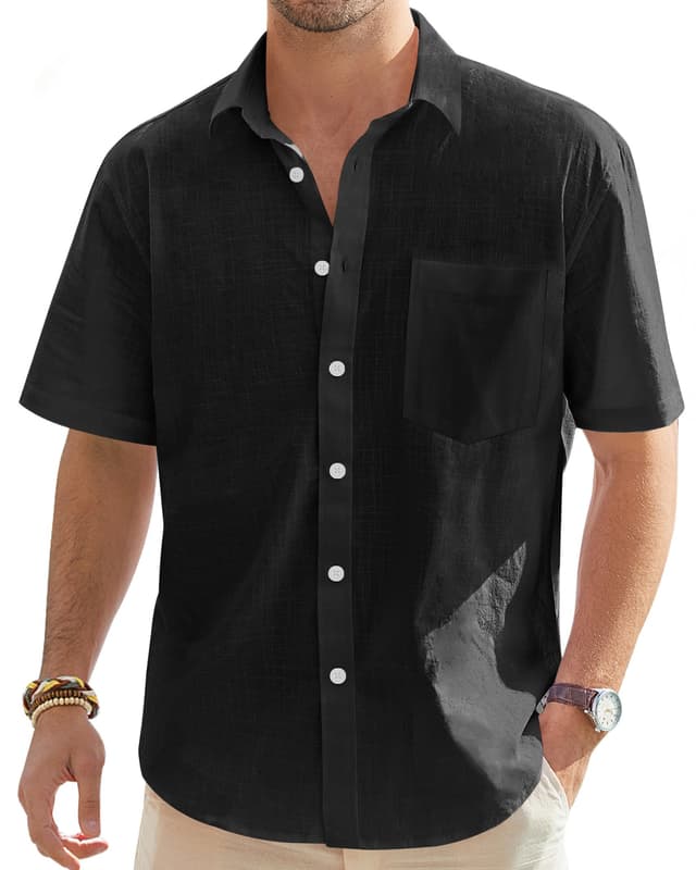 👕🌞 J.VER Leinenhemd Herren Hemd Kurzarm Leinenshirt Schwarz XXL - Sommer Casual Regular Fit Shirt