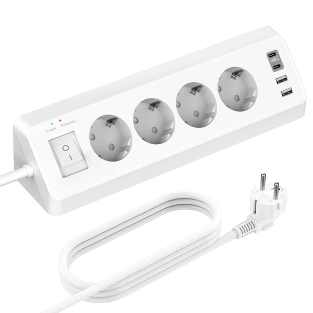 🔌 4 Fach Steckdosenleiste mit USB C, Ecksteckdose Ecke 4 USB mit Schalter, Schreibtisch Steckdose Überspannungsschutz (Weiß) 3M