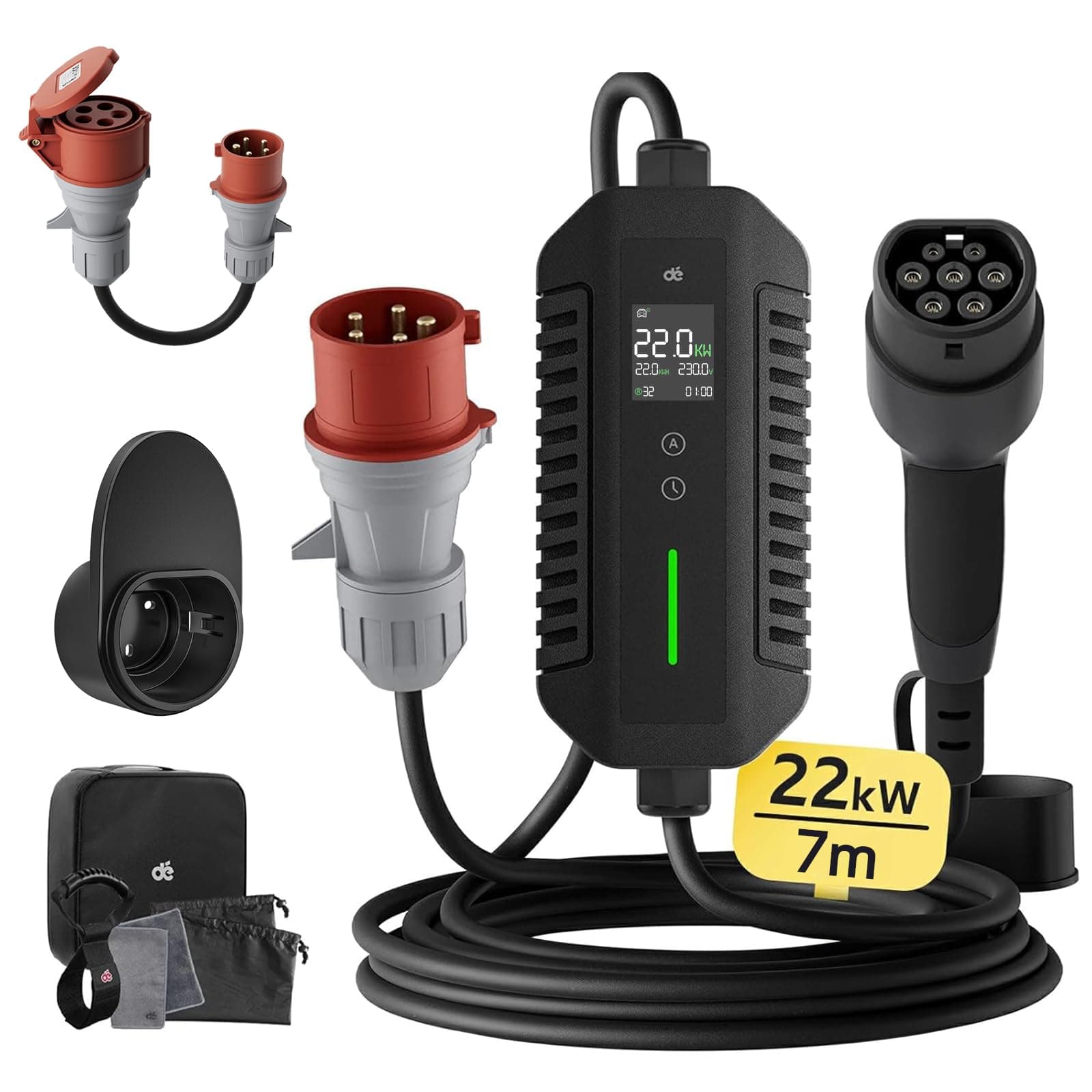🔋Dé Mobile Wallbox/Ladestation 22kW [3-phasig|7m|6-32A] mit Stromzähler, Ladekabel und EV Ladegerät