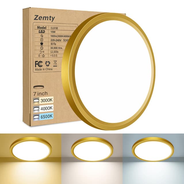 Zemty LED Deckenleuchte Flach - 3 Farben 3000/4000/6500K, 15W 1800LM Ø18cm, Wasserdicht, Energiesparend