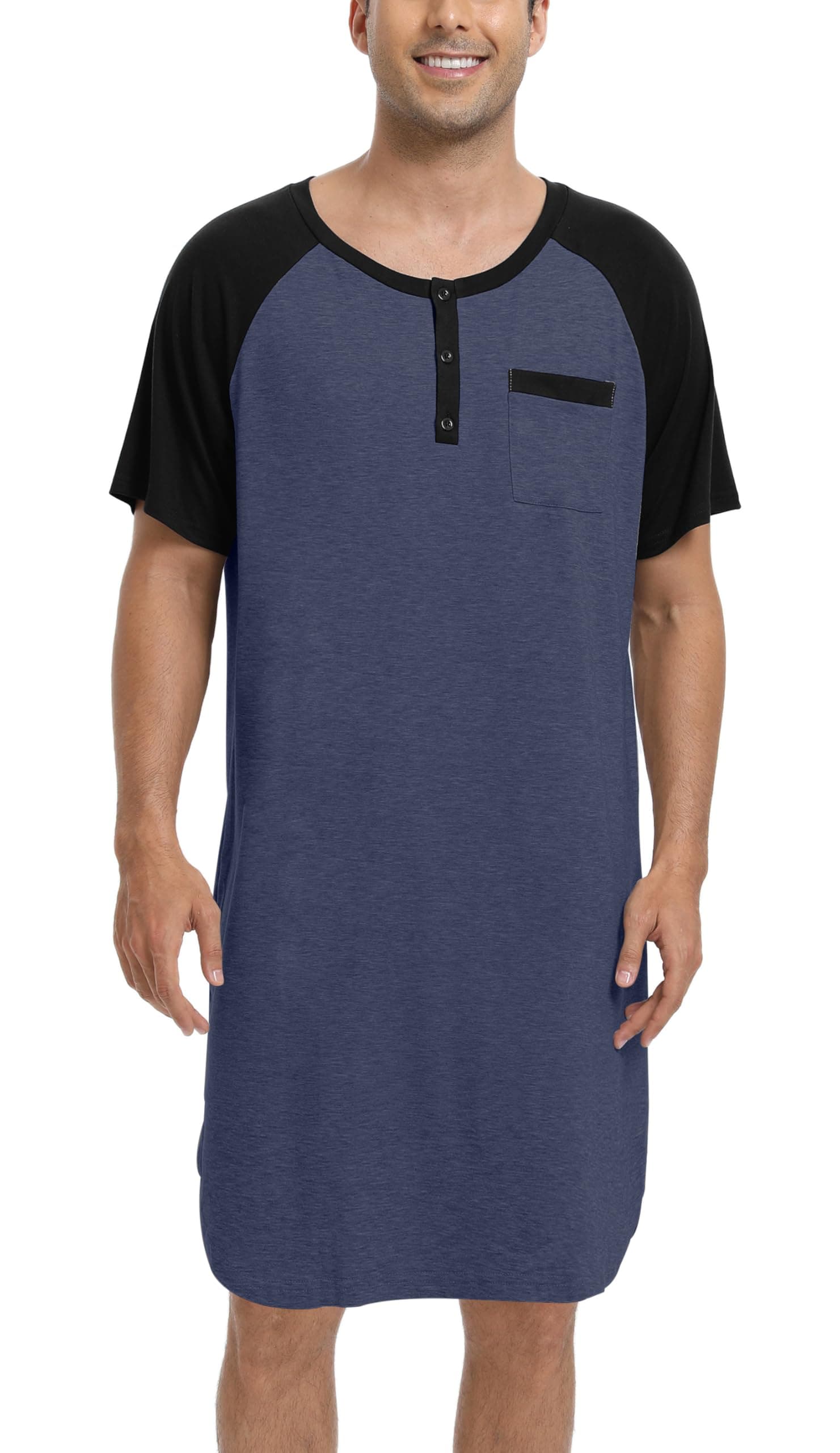 🌙 Genießen Sie sich Herren Nachthemd Kurzarm Baumwolle Langes Schlafshirt Leicht Luftig Pyjamaoberteil Nachtwäsche für Krankenhaus Spa M Blau