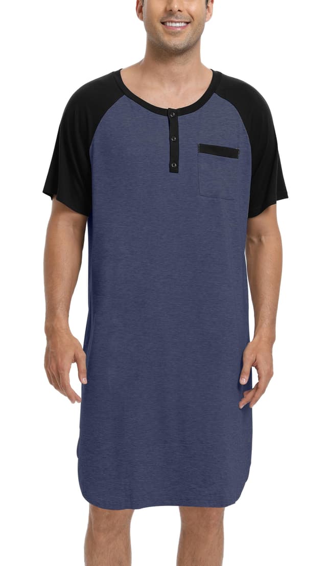 🌙 Genießen Sie sich Herren Nachthemd Kurzarm Baumwolle Langes Schlafshirt Leicht Luftig Pyjamaoberteil Nachtwäsche für Krankenhaus Spa M Blau