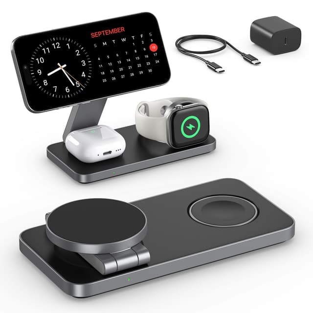 🔋📱 Kabelloses Ladegerät mit MagSafe, 3 in 1 Ladestation für Apple Faltbar Induktive Wireless Charger für iPhone 16 15 14 13 12, Apple Watch 10/9/8/7/6/SE/5/4/3/, AirPods Pro mit Schnell-Adapter Schwarz