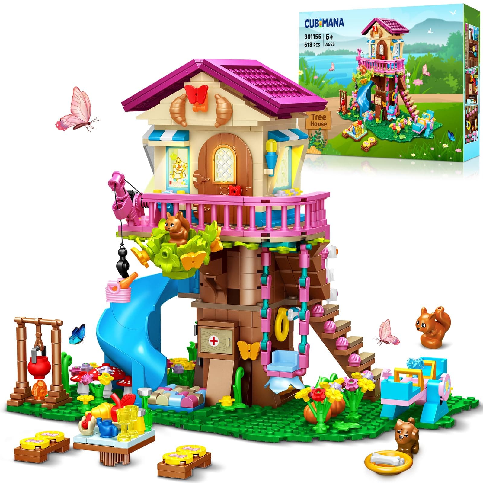 CUBIMANA Baumhaus-Bauspielzeug mit LED-Licht 🌟 Spielzeug für Kinder 🏡