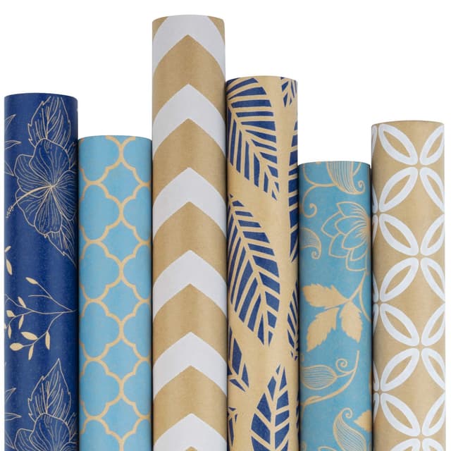 RUSPEPA Kraftpapier-Geschenkpapierrolle - Mehrere Blaue Und Weiße Muster - Ideal Für Glückwünsche, Feiertage, Chanukka-Geschenke Und Besondere Anlässe - 6 Rollen - 76 X 305 cm Pro Rolle 🎁