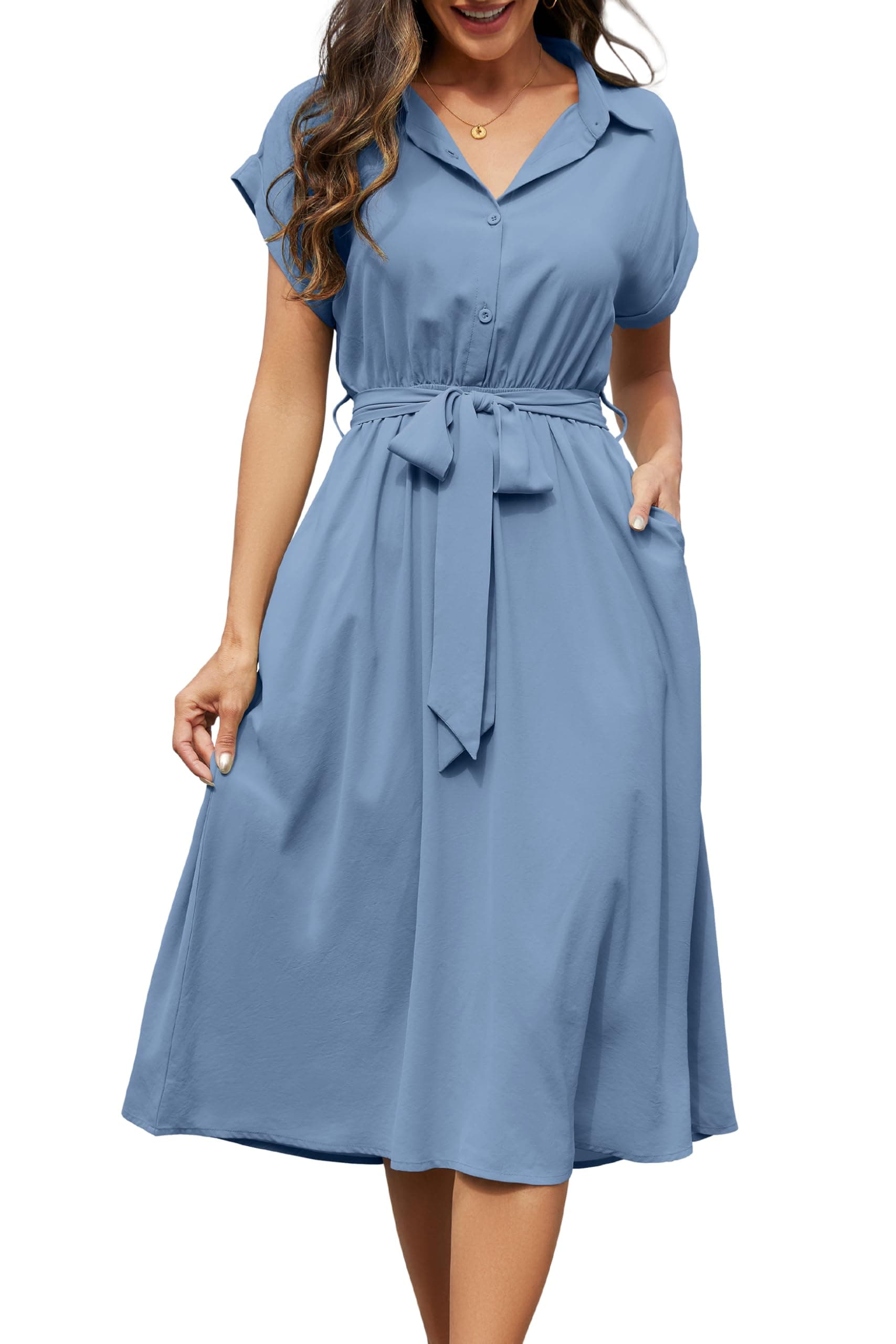 Cassiecy Sommerkleid Damen Knielang Kurzarm Blusenkleid Elegant V-Ausschnitt Midikleid Casual 🌞👗👜