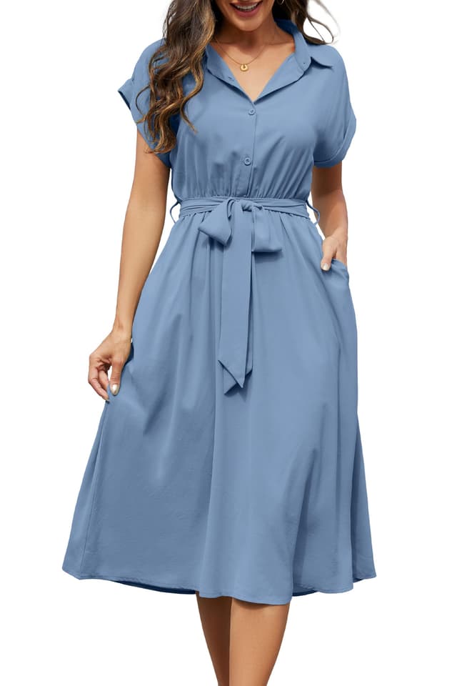 Cassiecy Sommerkleid Damen Knielang Kurzarm Blusenkleid Elegant V-Ausschnitt Midikleid Casual 🌞👗👜