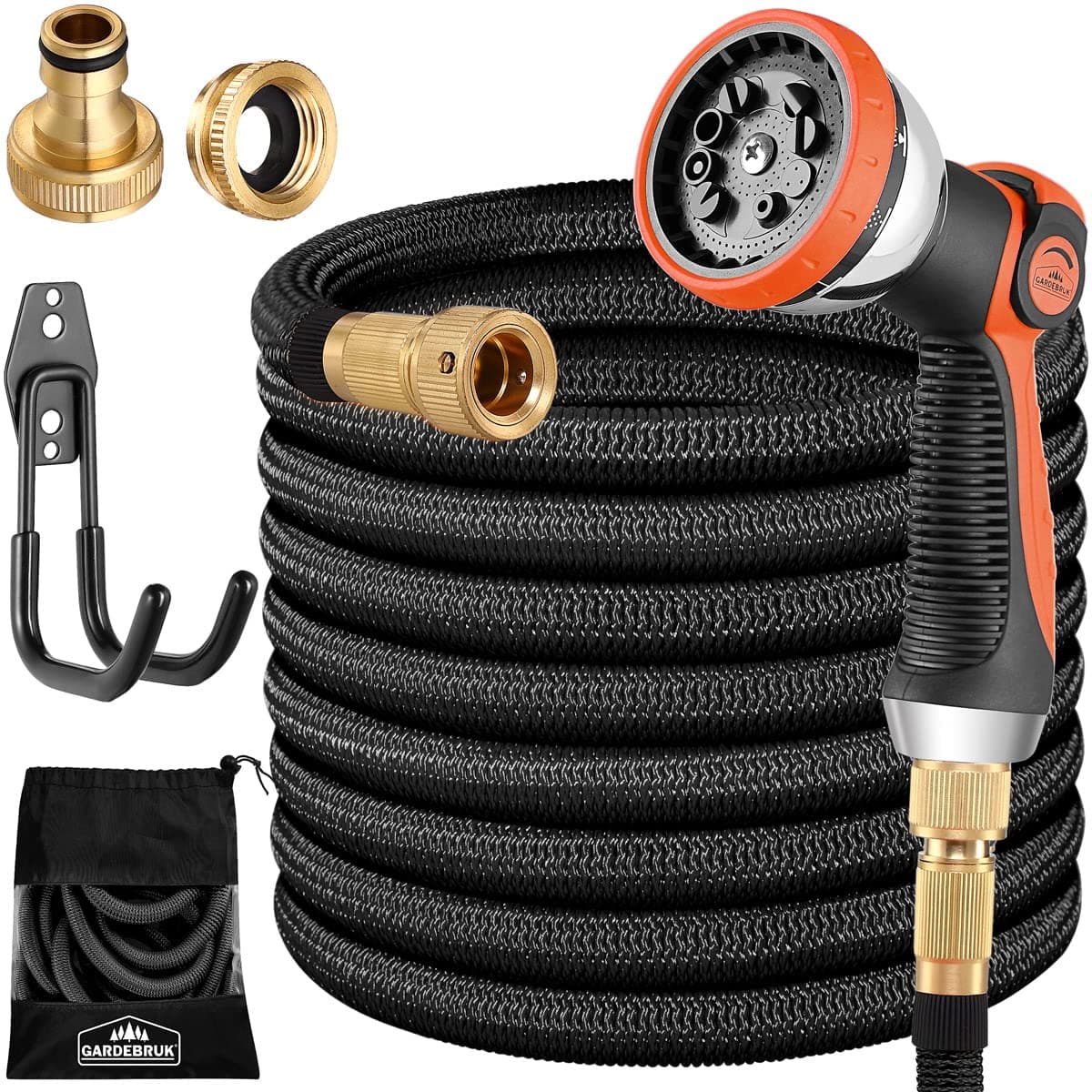 🌿🚿 GARDEBRUK® Flexibler Gartenschlauch 22m 3fach Latexkern Vollmessing Adapter 1/2' 3/4' Zoll Wandhalterung Tasche Flexschlauch Wasserschlauch Schwarz 22m Schwarz