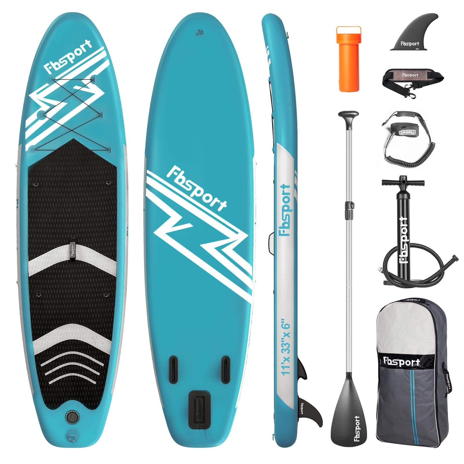 🏄‍♂️ FBSPORT Aufblasbares SUP Board | Stand Up Paddling Board | Aufblasbare Stand Up Paddle Board für Stand-Up Paddling 15CM Dick, Surfbrett Kit mit Verstellbares Aluminium SUP Paddel+Pumpe LakeBlue