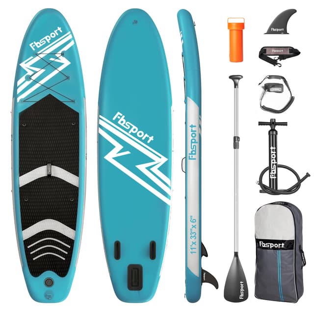 🏄‍♂️ FBSPORT Aufblasbares SUP Board | Stand Up Paddling Board | Aufblasbare Stand Up Paddle Board für Stand-Up Paddling 15CM Dick, Surfbrett Kit mit Verstellbares Aluminium SUP Paddel+Pumpe LakeBlue