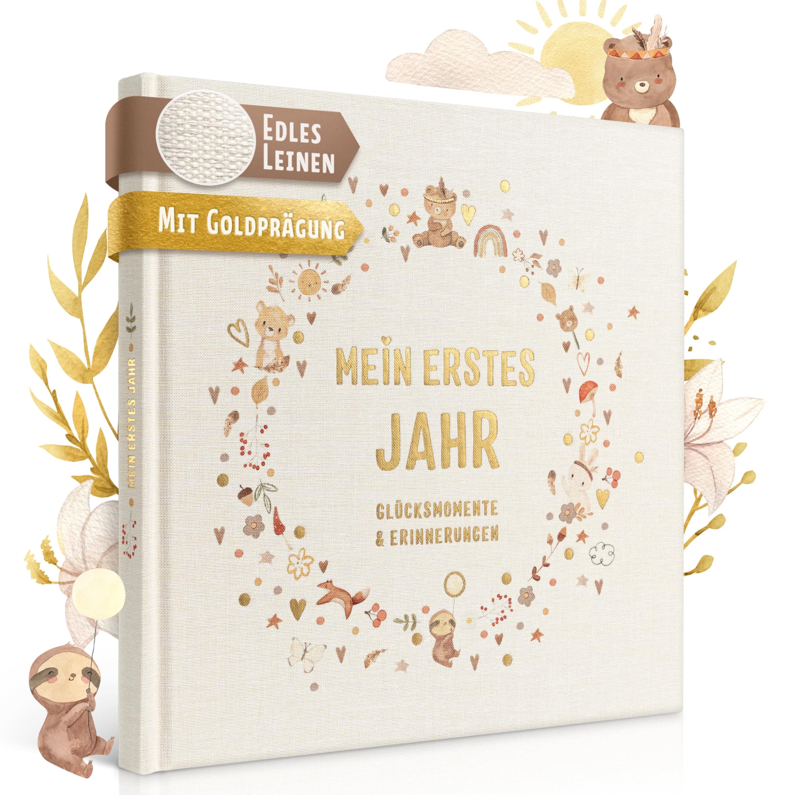EULENTALER® Babyalbum - Mein erstes Jahr 🌟 Mit echtem Leinencover & Goldprägung