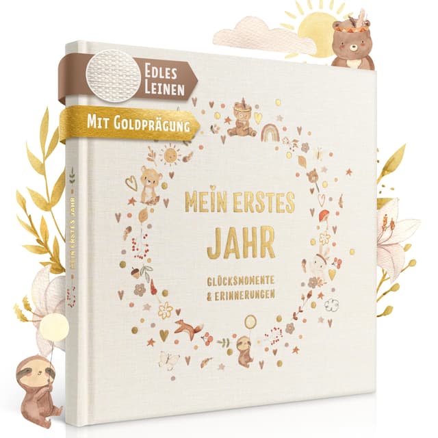 EULENTALER® Babyalbum - Mein erstes Jahr 🌟 Mit echtem Leinencover & Goldprägung