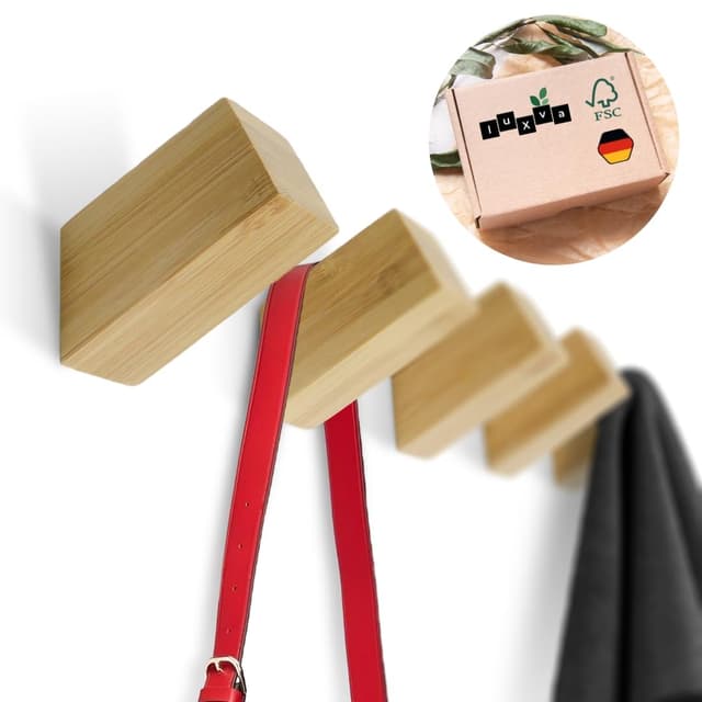 🌿🧥 luXva® Bambus Wandhaken 5 Stück - Natürliche Holz Kleiderhaken für Jacken, Mäntel, Schals, Handtaschen, Hüte u. Mehr