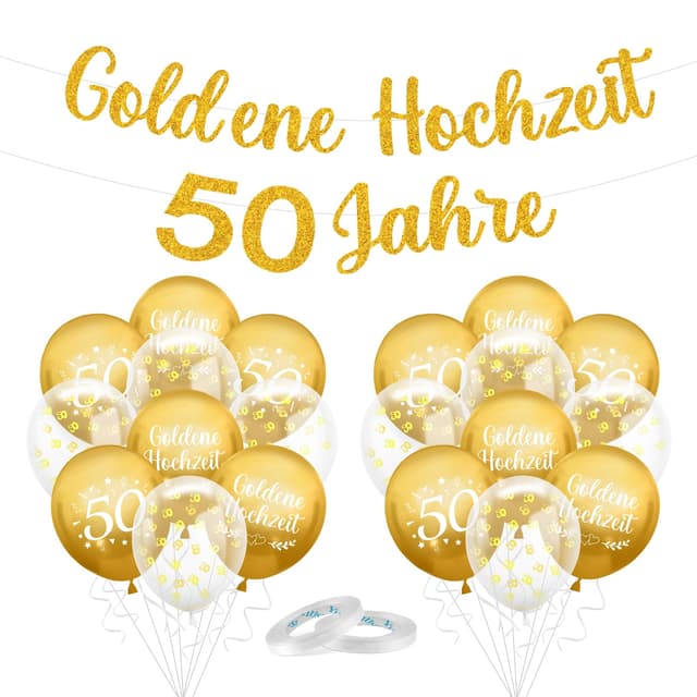 Goldene Hochzeit Deko Set - 50. Gold Luftballons, Banner & Ballons 🎈