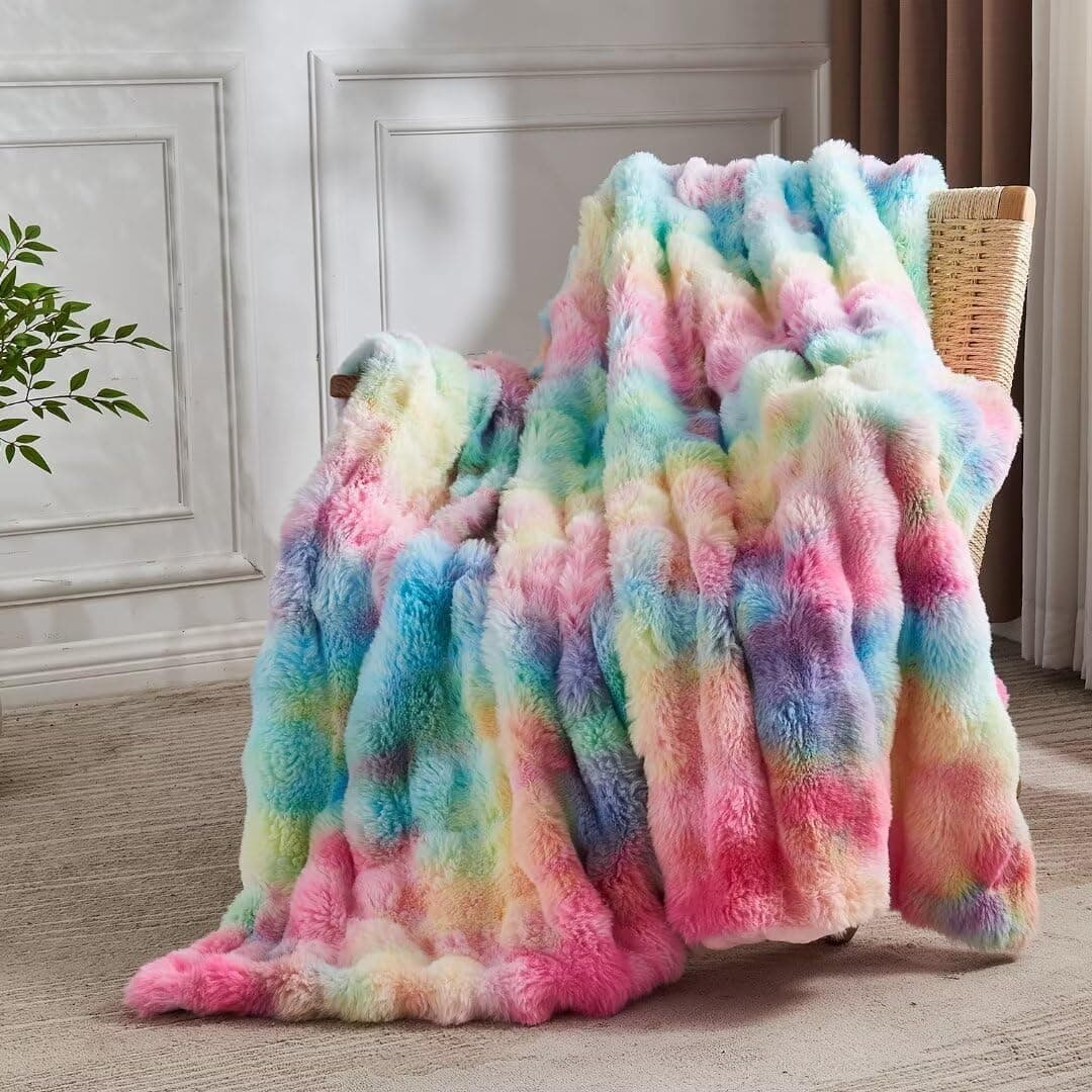 Wajade Luxus Kunstfelldecke – Sherpa Schafdecke 🌈 Comfort Luxuriöse Flauschige Flauschige Decke 🌟 Dicke Sofadecke Couchdeck 130 x 160 cm –Rainbow 130 x 160 cm Rainbow