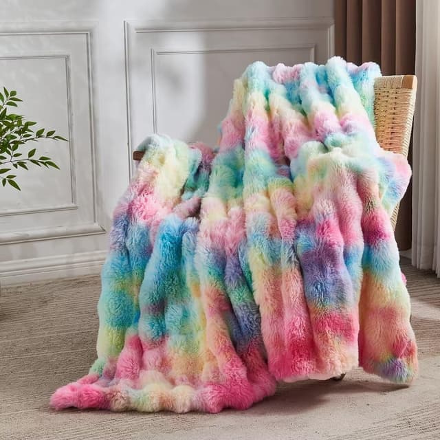 Wajade Luxus Kunstfelldecke – Sherpa Schafdecke 🌈 Comfort Luxuriöse Flauschige Flauschige Decke 🌟 Dicke Sofadecke Couchdeck 130 x 160 cm –Rainbow 130 x 160 cm Rainbow