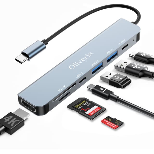 🌟 7 in 1 USB C Hub Multiport Adapter mit 4K HDMI, SD&TF Kartenleser, USB 3.0&2.0 Ports, 100W PD