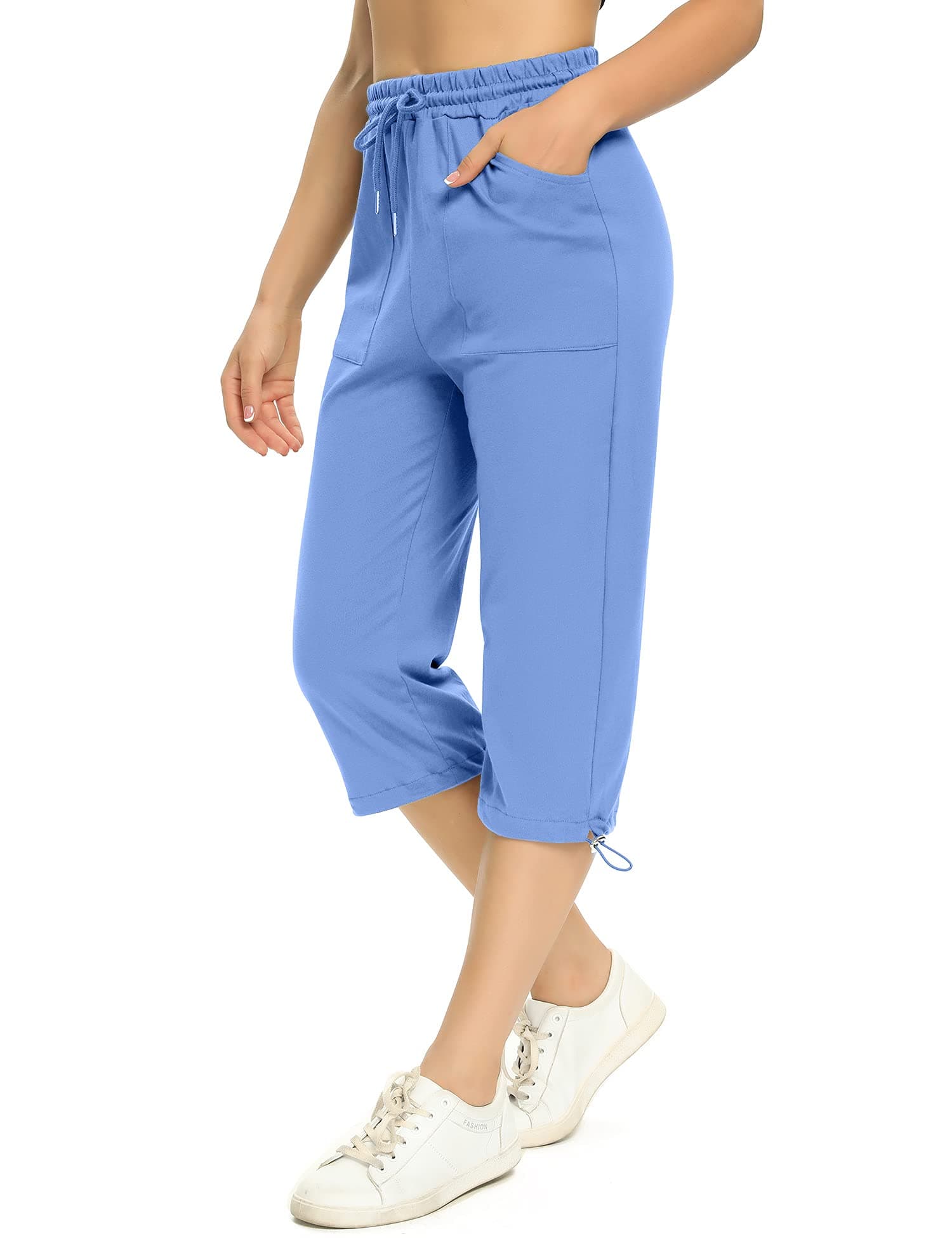 🌟 Totatuit Damen Sommer Caprihose Jogginghose 3/4 Baumwolle Sommerhose Yoga Fitness Activewear mit Tasche L Blau