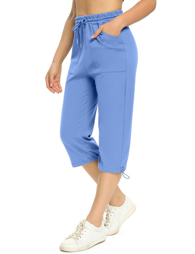 🌟 Totatuit Damen Sommer Caprihose Jogginghose 3/4 Baumwolle Sommerhose Yoga Fitness Activewear mit Tasche L Blau