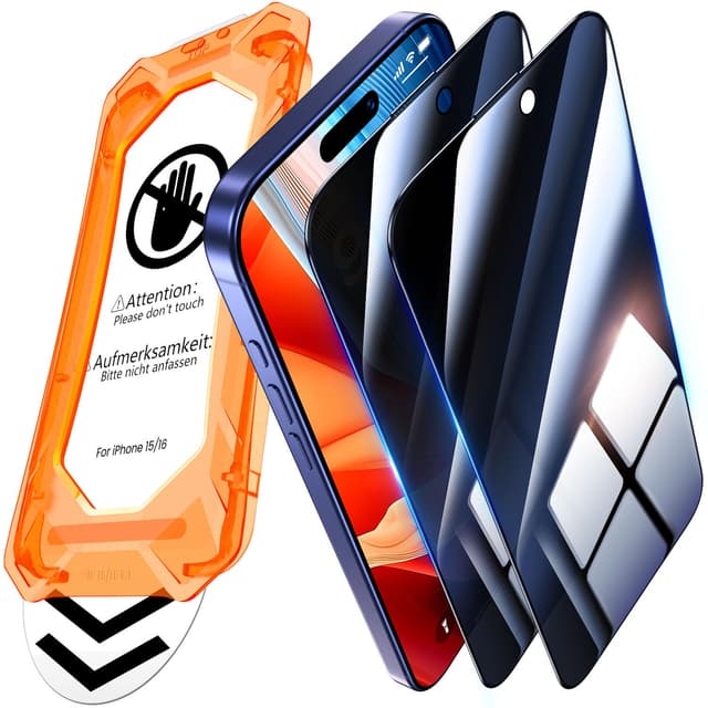 📱 UniqueMe Panzerglas Sichtschutz für iPhone 15/16 - 2 Stück 🛡️