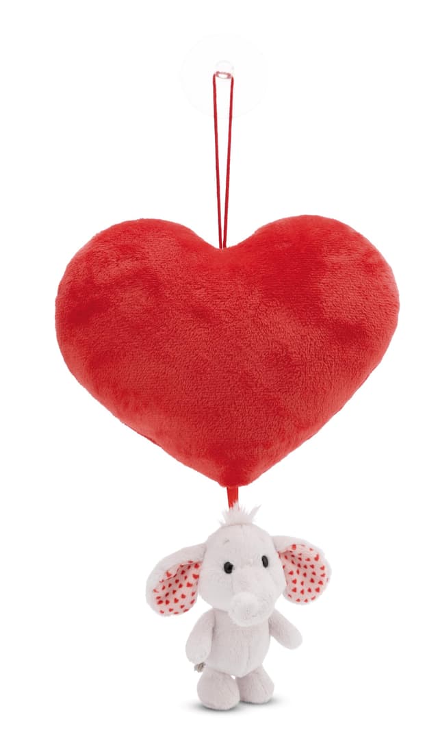 Angebot: Plüschherz 15cm mit Kuscheltier Love Elefant hellgrau 10cm und Saugnapf rot