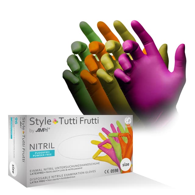 🧤 AMPri Nitrilhandschuhe, bunt, Farbenmix, 96 Stück/Box, Größe XL, puderfrei, Style tutti frutti by Med-Comfort