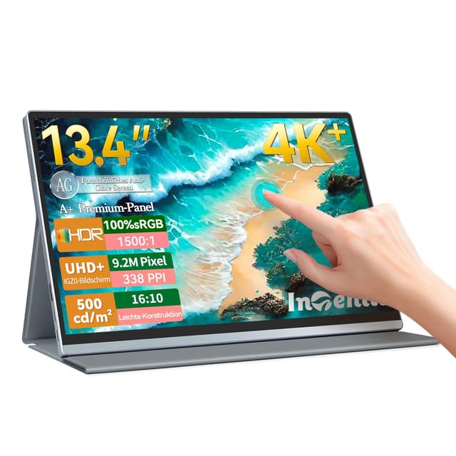 Intehill 4K Tragbarer Monitor, 13,4 Zoll Touchscreen Monitor IGZO Anti-Glare Touch Screen, 10-Punkt Multi-Touch, HDR, sRGB 100%