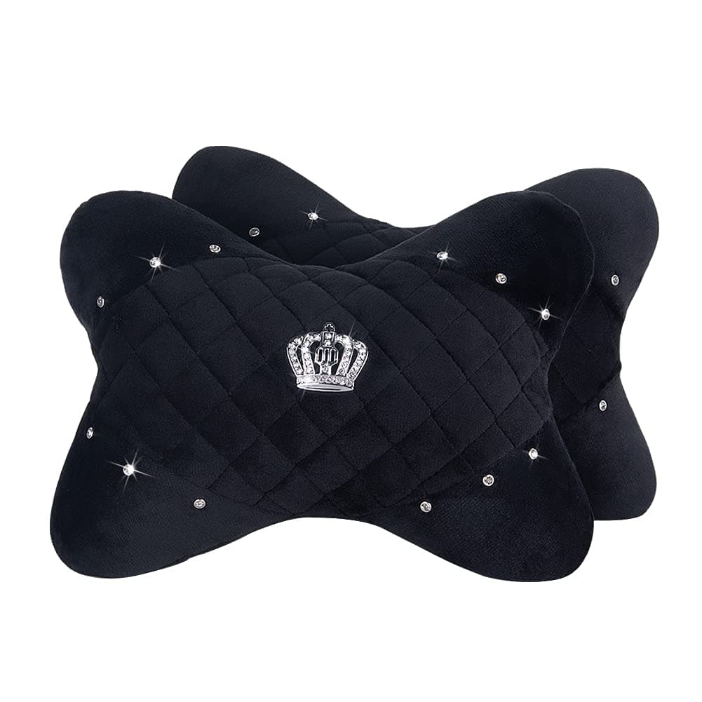 👑 2 x Plüsch-Auto-Nackenkissen mit glitzernden Strasssteinen, Krone, universal, Knochenform