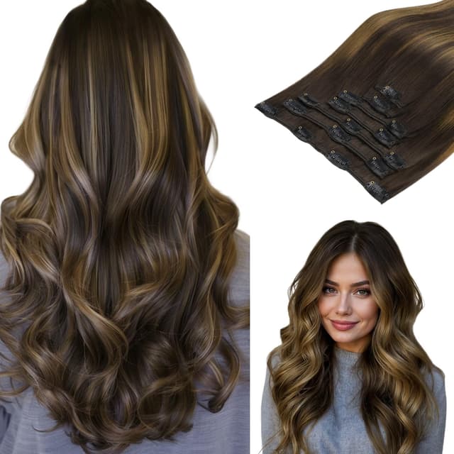 Heißer Deal: Echthaar Clip In Extensions Balayage Dunkel Braun to Chestnut Braun 40cm 120g 7 Stück