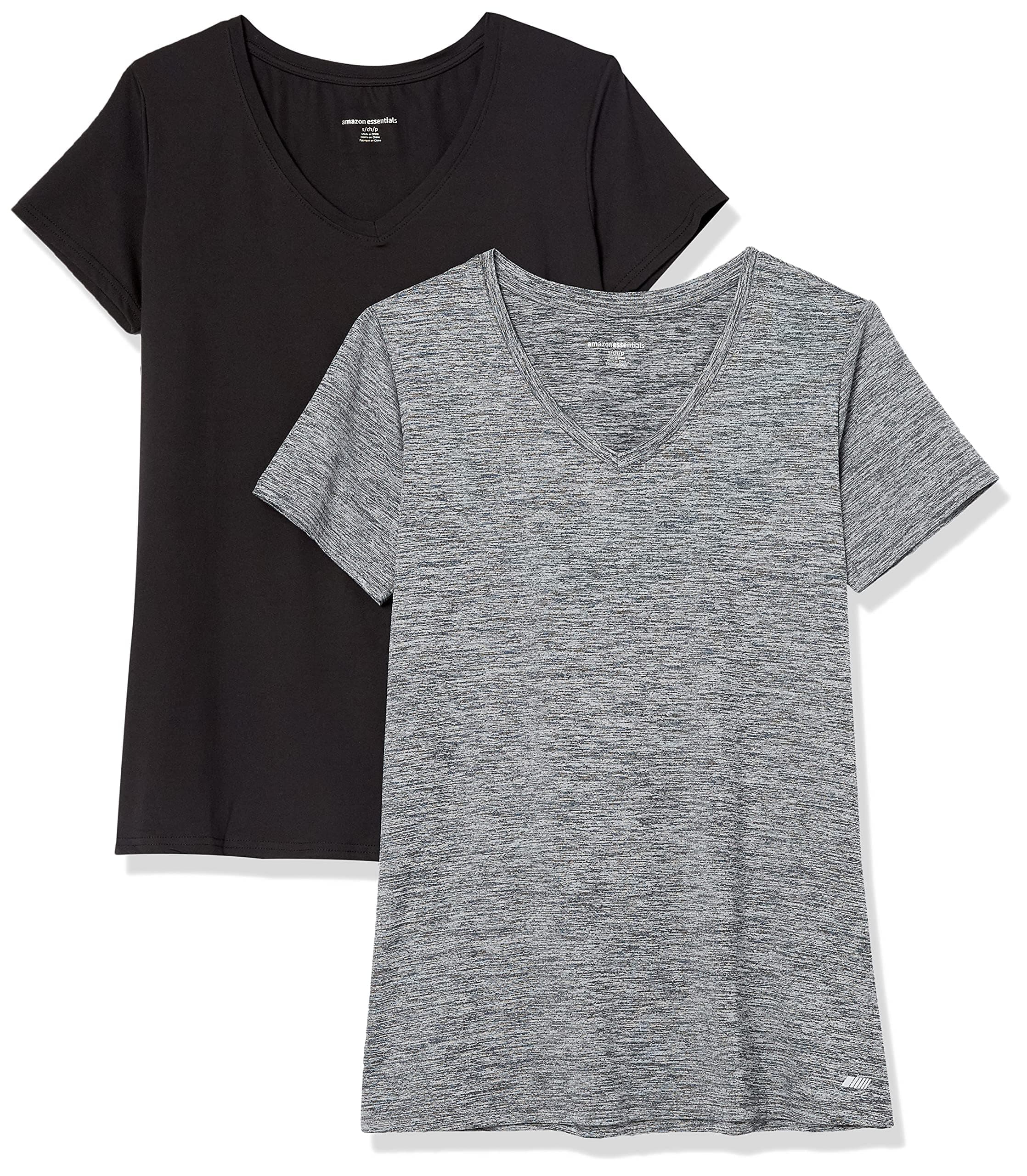 Amazon Essentials Damen Active Quick Dry Tech Stretch Kurzarm-T-Shirt mit V-Ausschnitt, 2er-Pack S Kohlegrau Space-dye/Schwarz 🌟👚