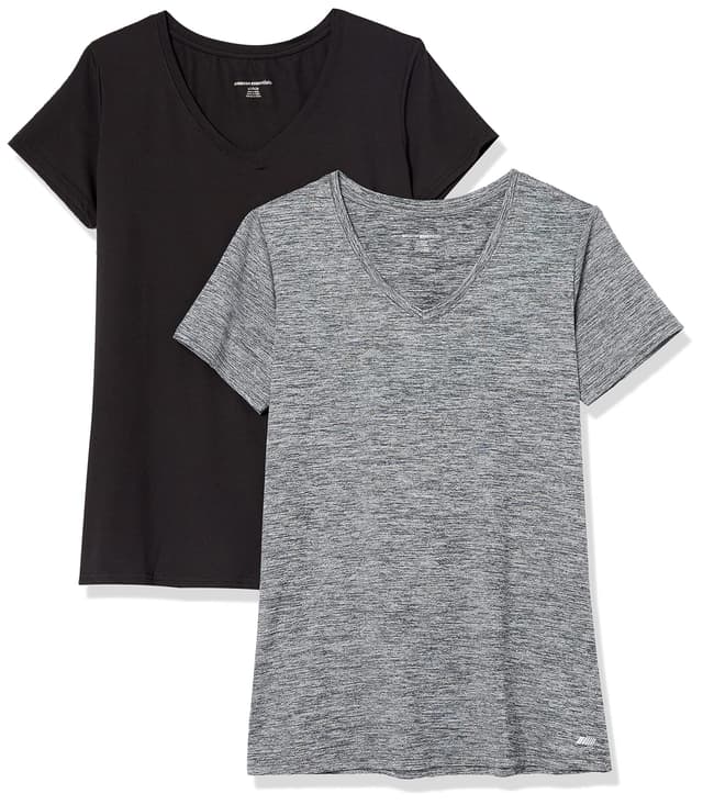 Amazon Essentials Damen Active Quick Dry Tech Stretch Kurzarm-T-Shirt mit V-Ausschnitt, 2er-Pack S Kohlegrau Space-dye/Schwarz 🌟👚