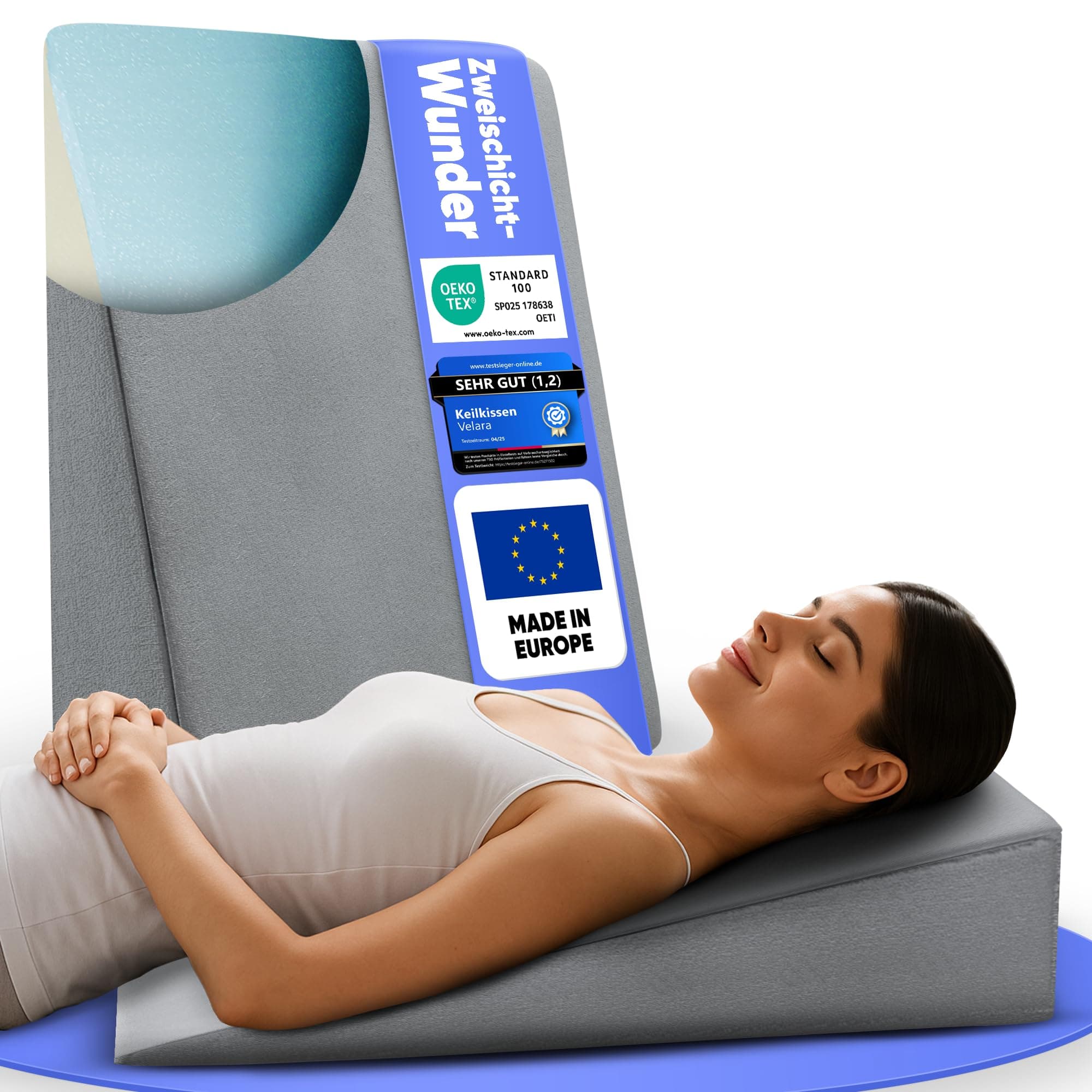 Velara Keilkissen Bett 60x60x15 cm mit innovativem [2-Schicht-System] | Made in Europe
