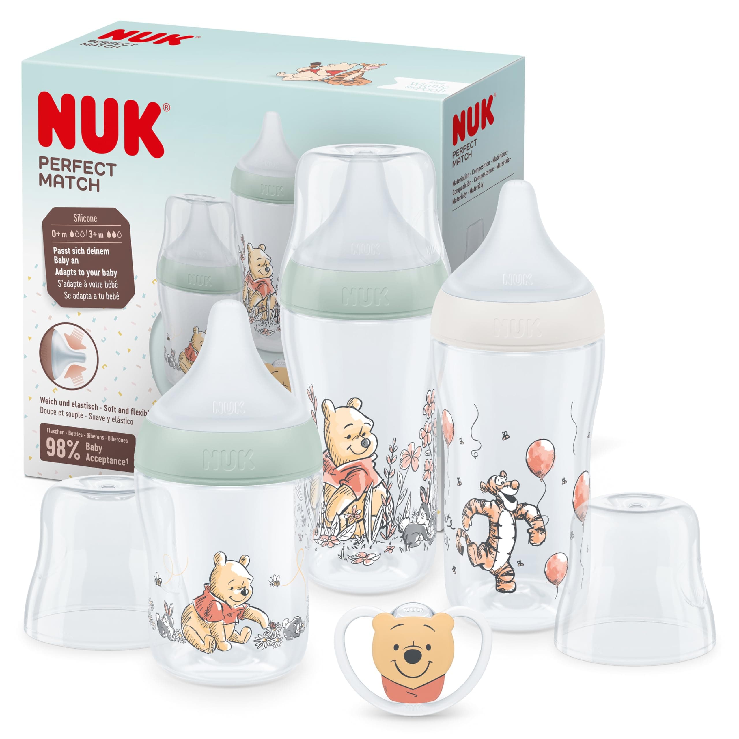 NUK Perfect Match Babyflaschenset | Ab 0 Monate | 3 Anti-Colic-Babyflaschen und Space-Schnuller | BPA-frei | Winnie Puuh