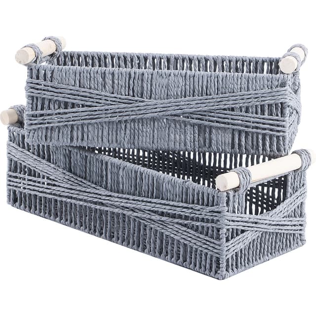 🌟 Tolles Angebot! OUTBROS Aufbewahrungskorb Geflochten, Körbchen mit Griff, Dekorative Arbeitsplatte Toilettentank Regal Schrank Organizer für Schlafzimmer Wohnzimmer, Grau, 2er Set Small Grau