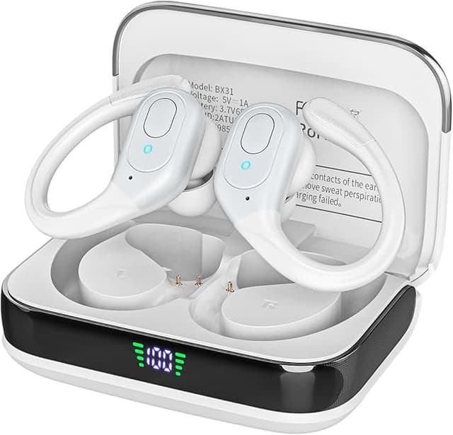 🎧 sajawass Wireless Bluetooth Earbuds, 75 Stunden Wiedergabezeit, LED-Display Ladecase, Ohrhaken, IPX7 Wasserdicht, Over-Ear Design für Sport, Laufen, Training Weiß