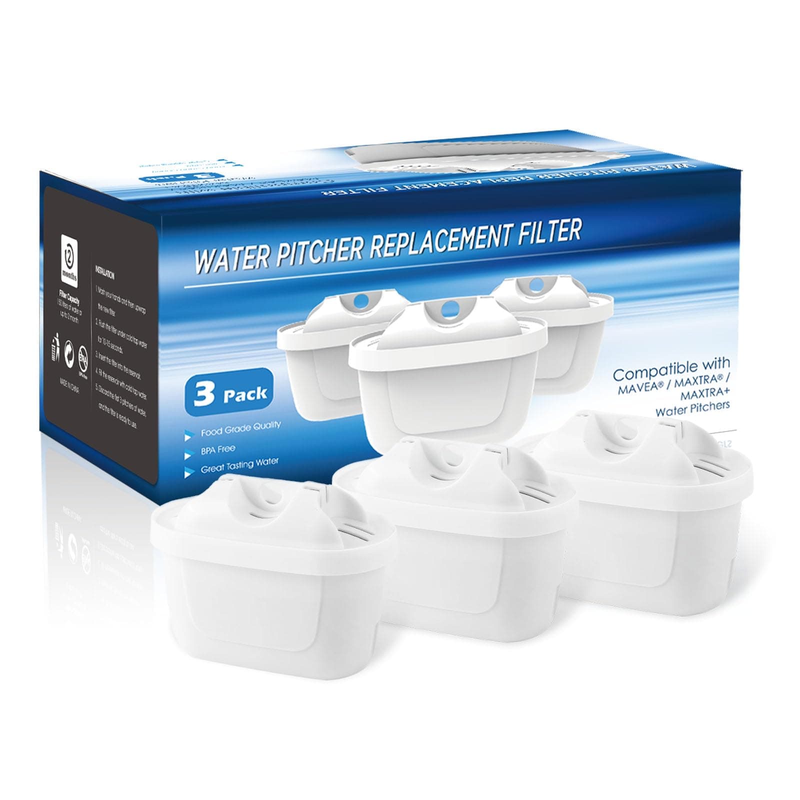 🌊🌿 3 Stück Wasserfilter Kartuschen für Kanne - Kompatibel mit BRITA Maxtra+ - Reduziert Kalk, Chlor und Verunreinigungen
