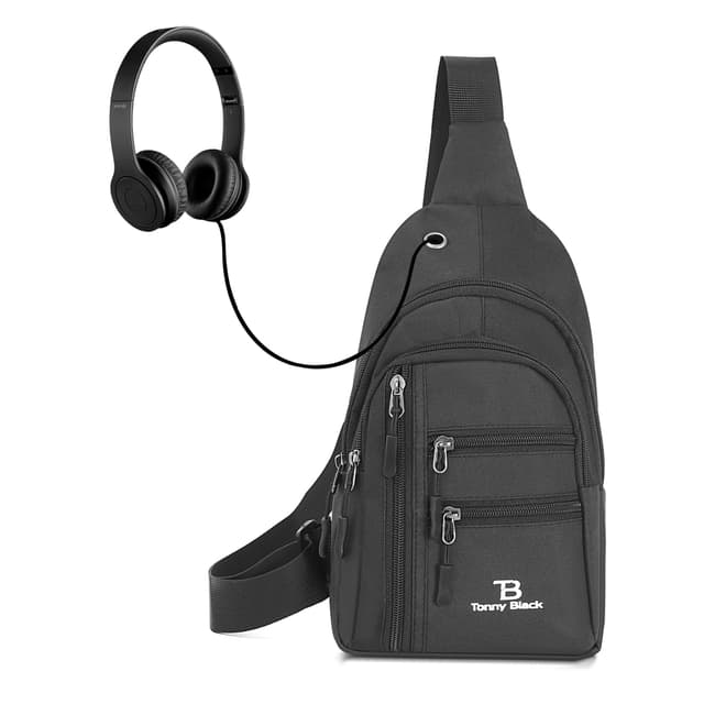 🎒 Tonny Black Brusttasche - Wasserdichte Schultertasche mit USB und Kopfhörerausgang