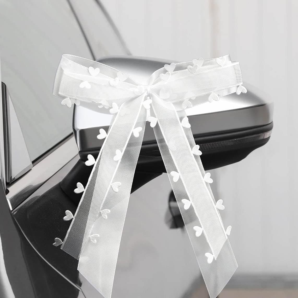 🎀 Fesaizwi 50 Stück Autoschleifen Hochzeit - Weiß Mit Herzen Schleifen Auto - Weihnachtsschleifen Hochzeitsdeko - Handgemacht Satinband (25 * 15cm) 🚗💒