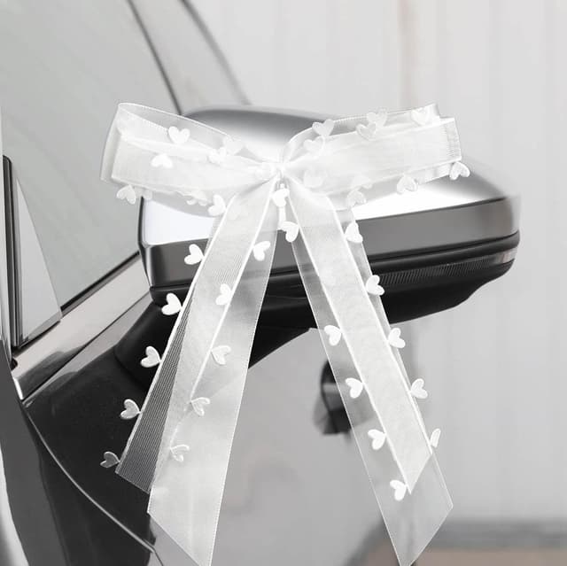 🎀 Fesaizwi 50 Stück Autoschleifen Hochzeit - Weiß Mit Herzen Schleifen Auto - Weihnachtsschleifen Hochzeitsdeko - Handgemacht Satinband (25 * 15cm) 🚗💒